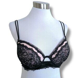 Jezebel 36B Bra Black Tan Illusion Lace Push Up Underwire Padded Lined